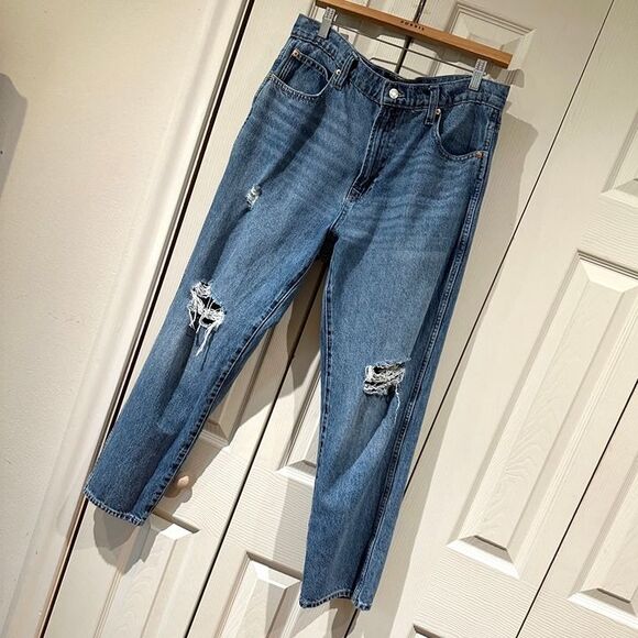 GAP Rigid Cotton Mom Jeans Cropped Ankle Distressed Vintage Wash Ripped Knees 14 - Picture 7 of 12